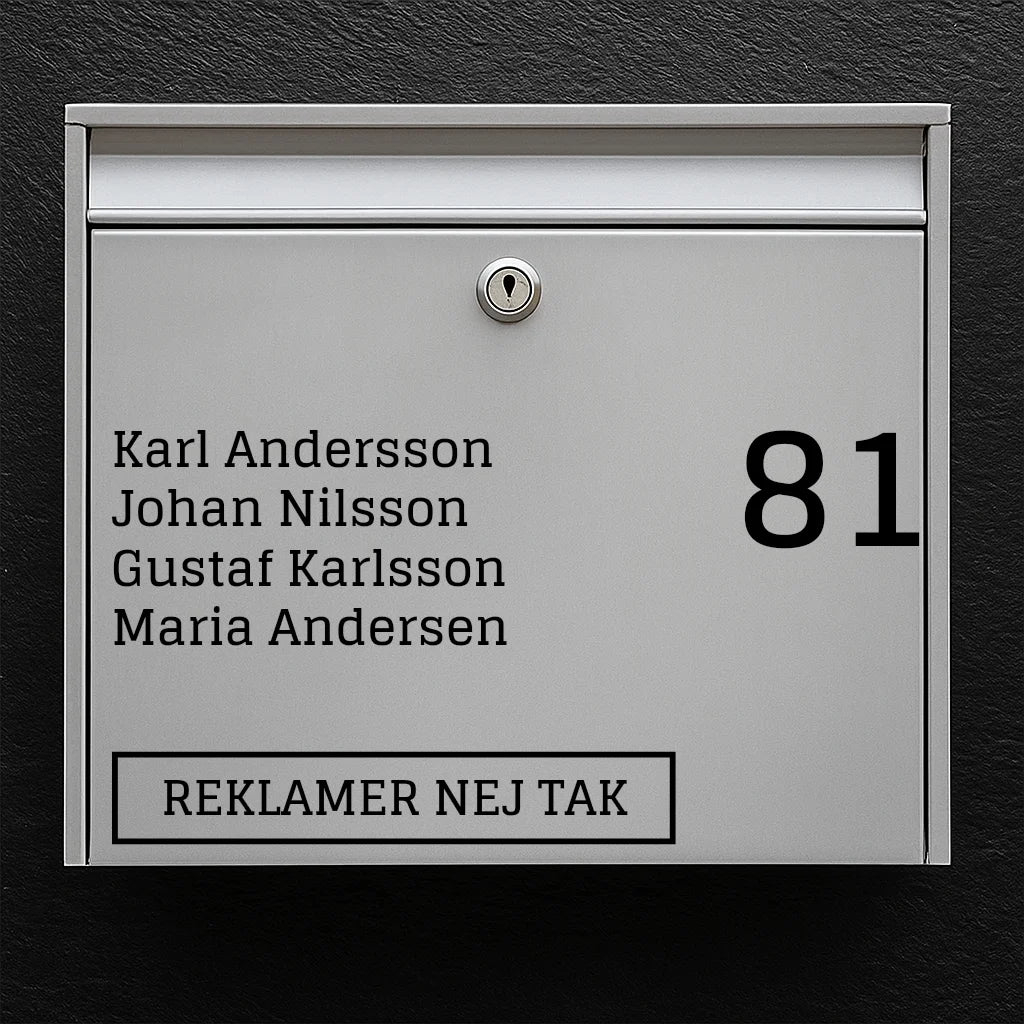 Mailbox sticker - list of names & large house number + "No advertising" badge