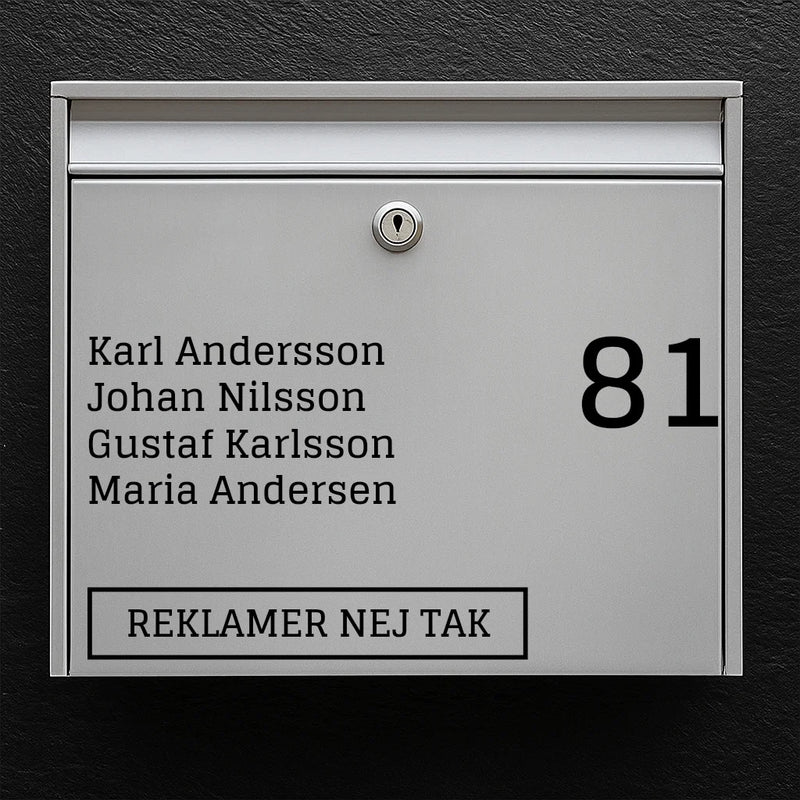 Mailbox sticker - list of names & large house number + "No advertising" badge