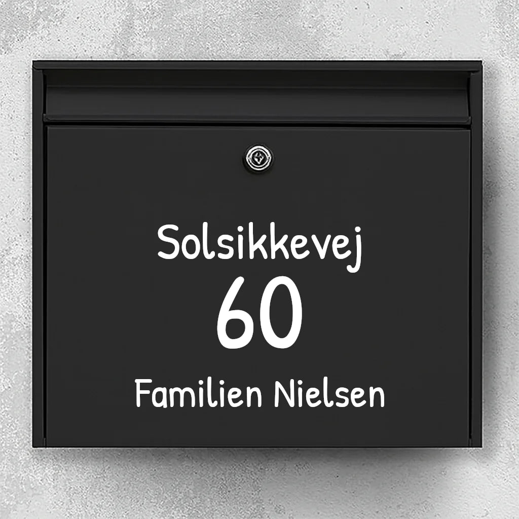 Mailbox sticker – choose font: street name, large house number & family name (centered)