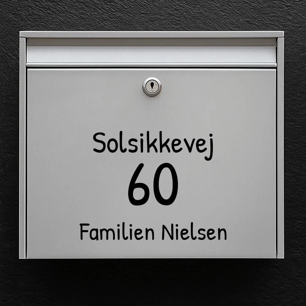 Mailbox sticker – choose font: street name, large house number & family name (centered)