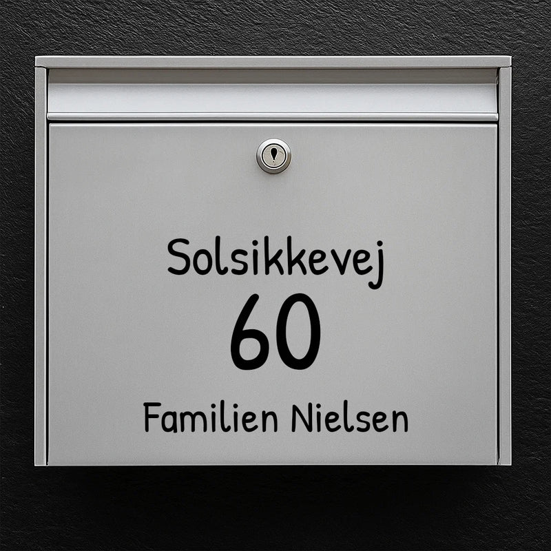 Mailbox sticker – choose font: street name, large house number & family name (centered)