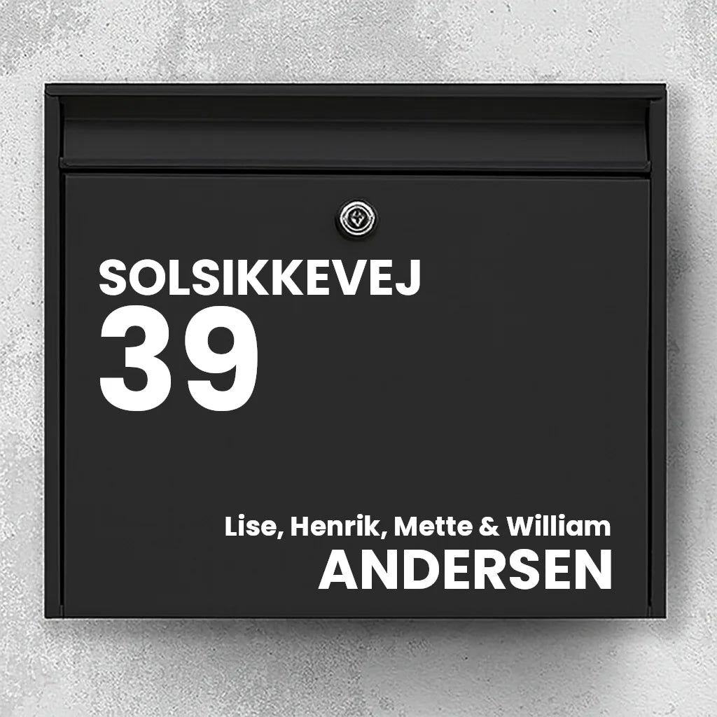 Mailbox sticker – street name, large house number & last name (with first names)
