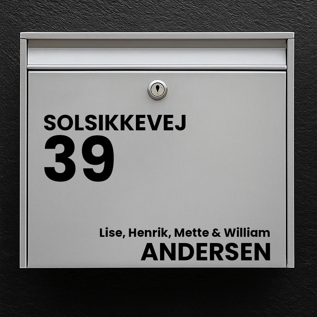 Mailbox sticker – street name, large house number & last name (with first names)