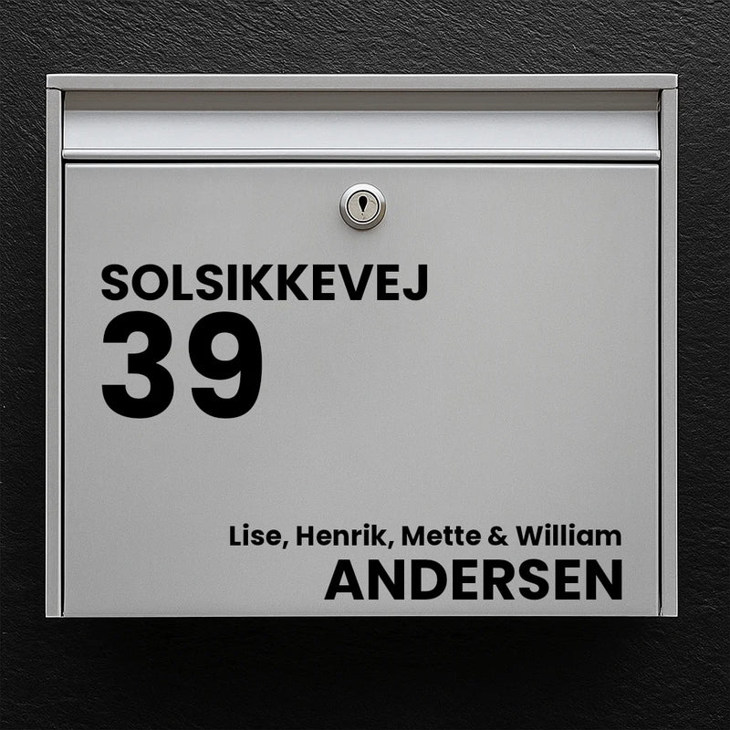 Mailbox sticker – street name, large house number & last name (with first names)