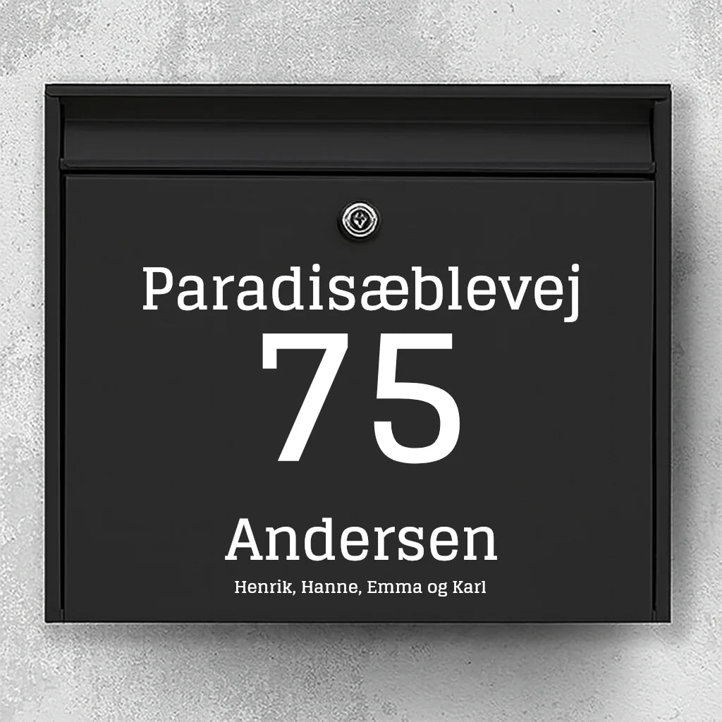 Mailbox sticker – centered street name, large house number & family name