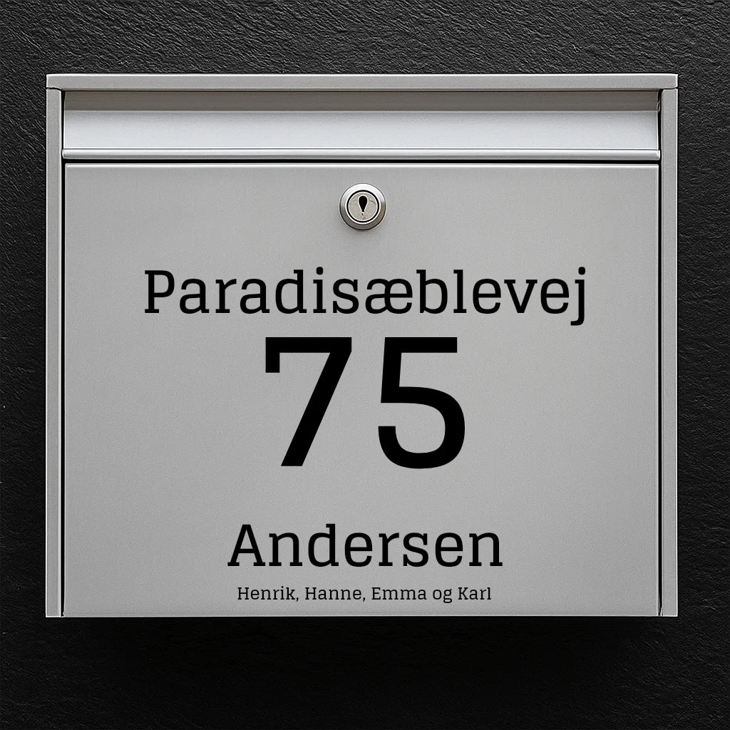 Mailbox sticker – centered street name, large house number & family name