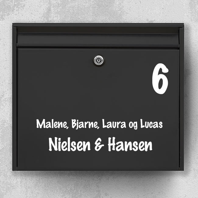Handwritten-look mailbox sticker - large house number and two surnames with name line - weatherproof vinyl