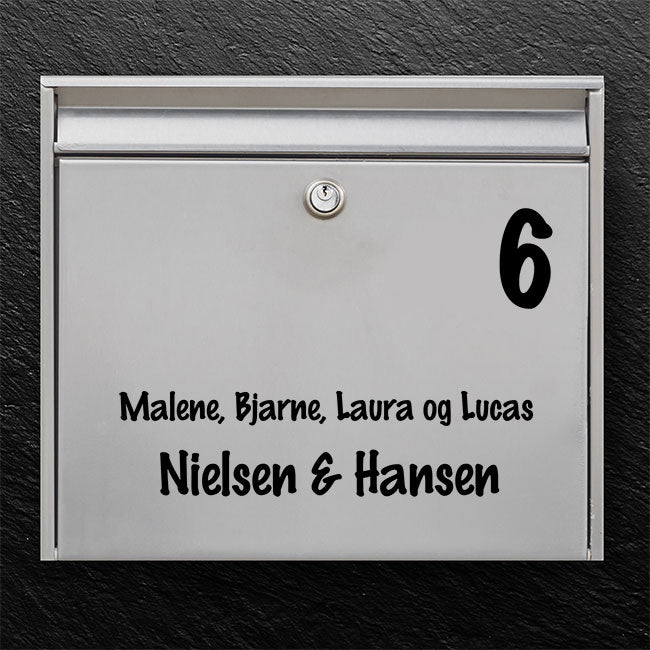 Mailbox nameplate - modern layout with house number, family list and surnames for couples - sturdy outdoor label