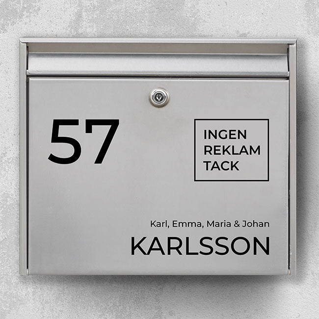 Mailbox label with large house number, square tag “No advertising, please” and last name at the bottom – weatherproof vinyl