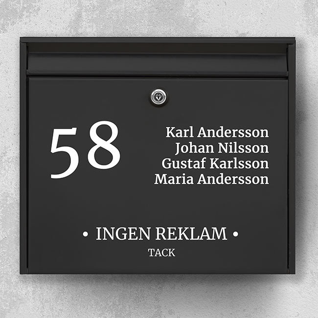 Mailbox sticker with house number, list of names in several lines and the text "NO ADVERTISING - THANK YOU" - personal and weatherproof