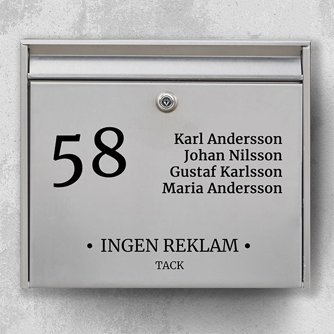 Mailbox name sign - multiple names + house number and "No advertising" text - custom design in durable outdoor vinyl