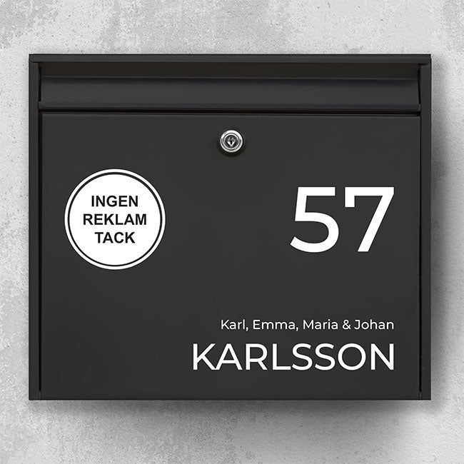 Mailbox nameplate – icon with “No advertising, please”, family text and clear typography – robust outdoor sticker