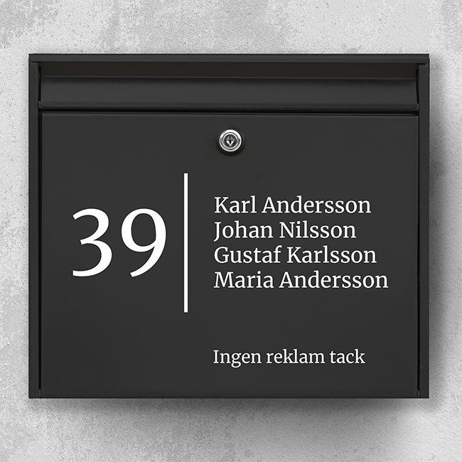 Modern mailbox label – numbers on the left, name field on the right and text at the bottom “No advertising, please” – robust outdoor sticker