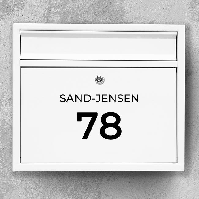 Minimalist mailbox name sign - large house number and last name in clean sans serif - self-adhesive, weatherproof vinyl