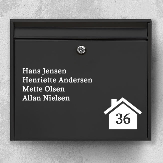 Mailbox sticker with left-aligned name list in multiple lines and small house icon with house number in the corner - weatherproof vinyl