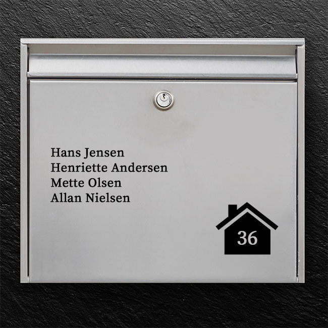 Name sign for mailbox - compact layout with list of names and house symbol with number - robust outdoor sticker