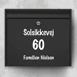Mailbox name sign with street name at top, large house number in the middle and family name at bottom - weatherproof vinyl