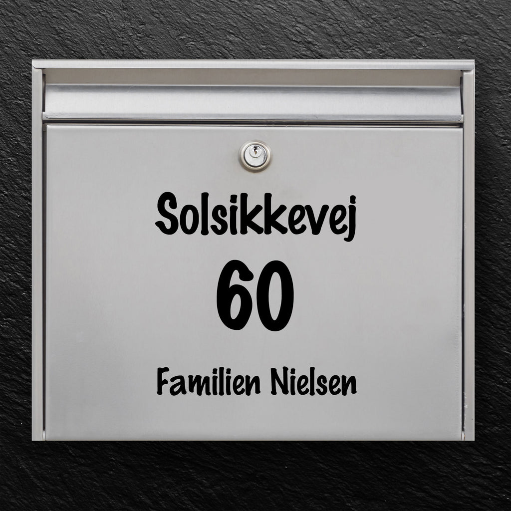 Compact mailbox label - clear number and street name in handwriting look, space for family name - robust outdoor sticker