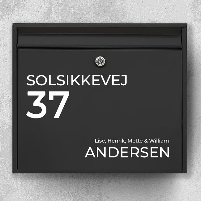 Minimalist style mailbox name sign - street name and large house number plus last name - weatherproof vinyl