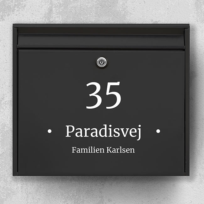 Classic mailbox name sign - large house number, street name and family line with dividers - weatherproof vinyl