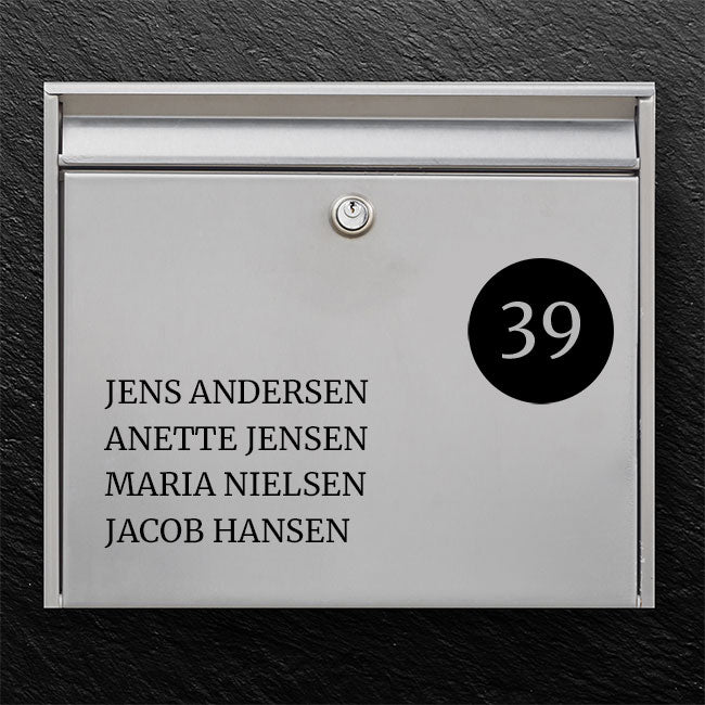 Modern mailbox label - circle badge with house number and name list in several lines on the left - robust outdoor sticker