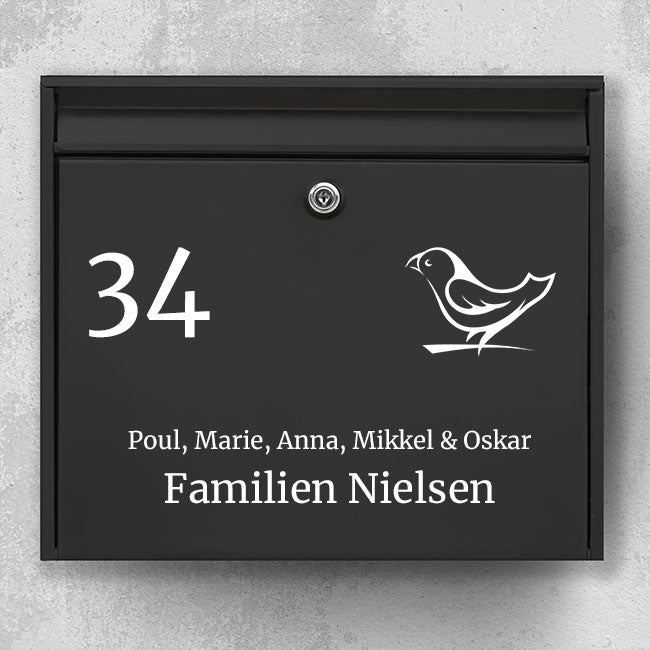 Mailbox name sign with bird icon - large house number on the left and family line in serif - weatherproof vinyl
