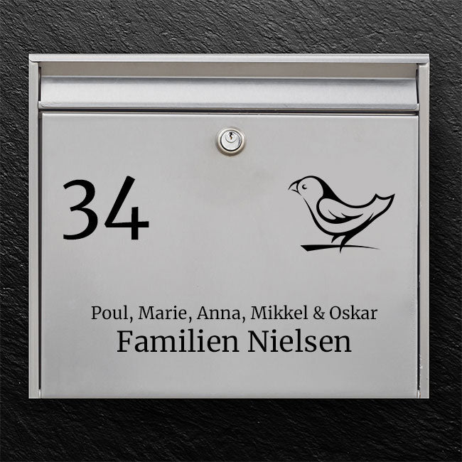 Modern mailbox label - motif of a small bird, clear number and space for family names - robust, self-adhesive
