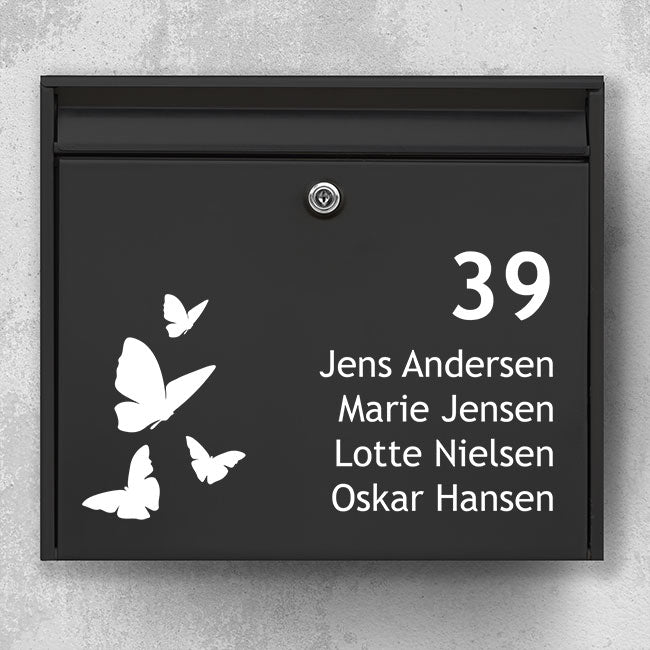 Mailbox sticker with butterfly motif - large house number and multi-line name list - weatherproof vinyl