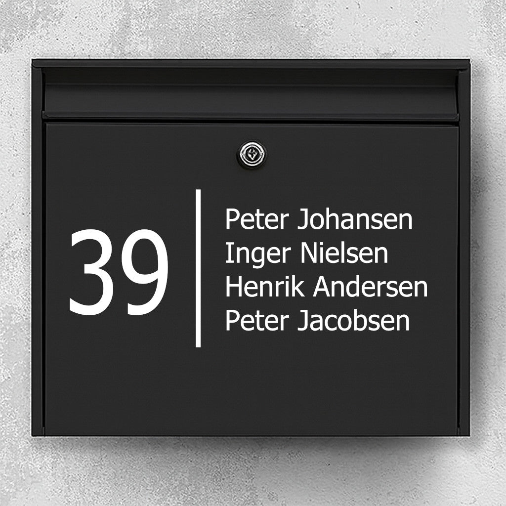 Mailbox sticker with large house number and vertical divider - multi-line name list - weatherproof vinyl
