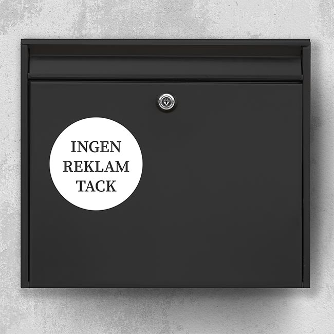 Mailbox with round “No advertising, please” sign – white circle on black door, weatherproof sticker