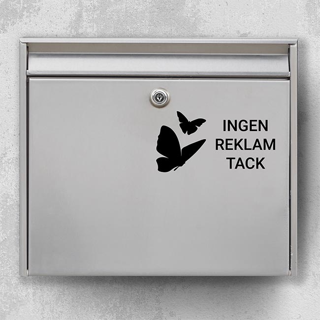 Mailbox sticker with butterflies – “No ads, please” on silver mailbox, advertising-free sticker