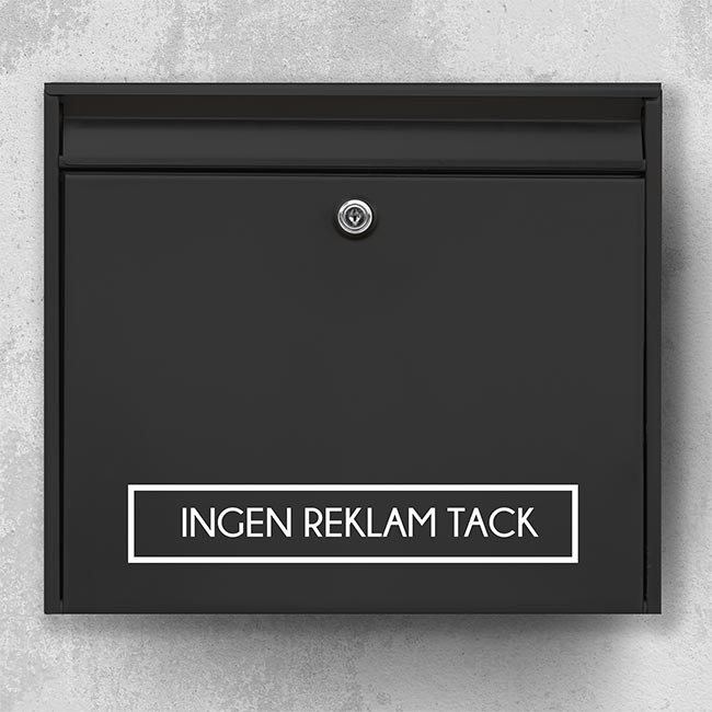 Mailbox sticker – “No advertising, please” in white frame on black mailbox