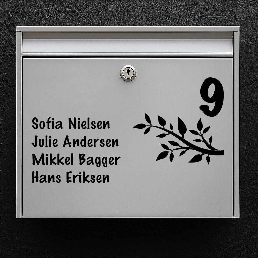 Mailbox name sign with branch and leaf motif - large house number and multi-line name list - weatherproof vinyl