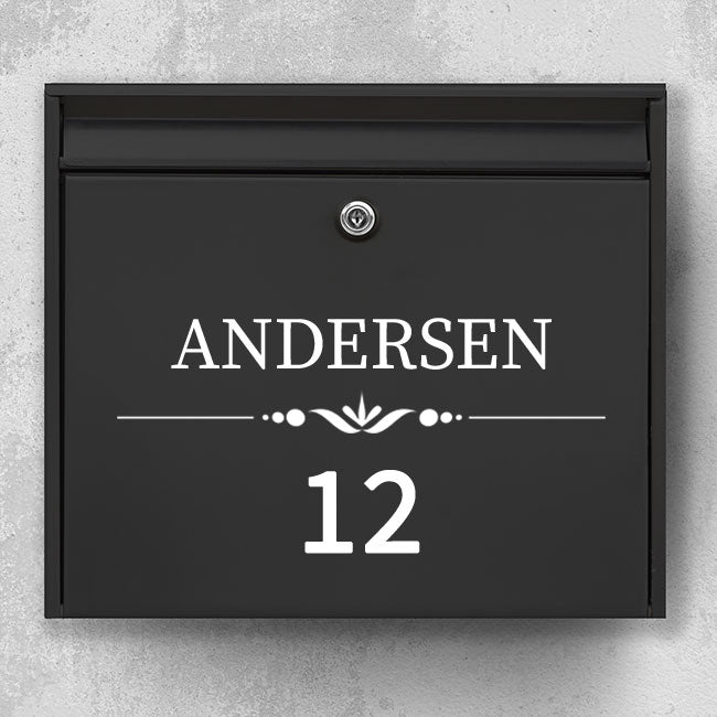 Mailbox nameplate - last name in serif, decorative ornamental line and large house number - weatherproof vinyl