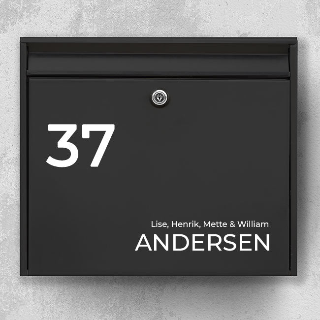 Minimalist mailbox sticker - large house number and family names in sans serif - weatherproof vinyl