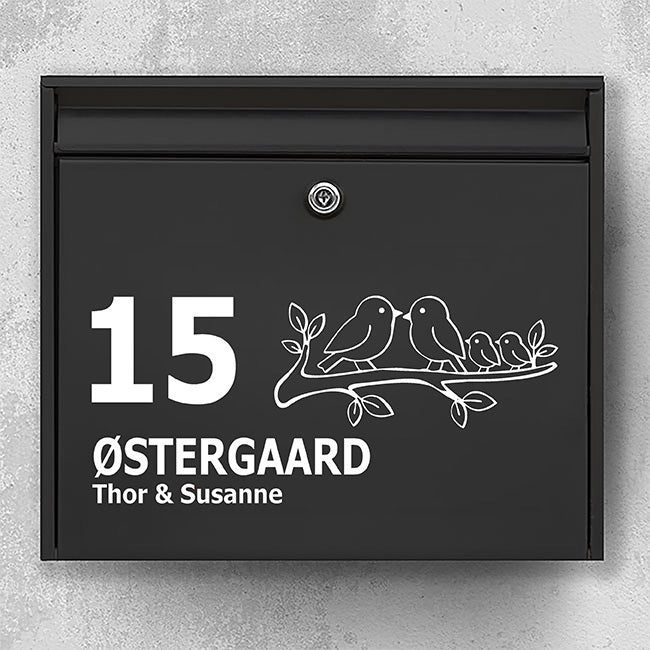 Mailbox sticker with birds on branch - personalized name sticker and house number - weatherproof vinyl