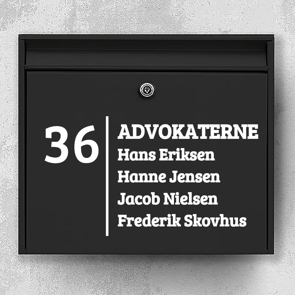 Mailbox sticker - company name with large number & list of names