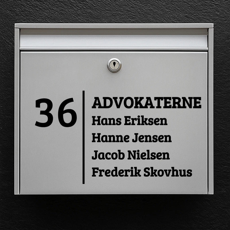 Mailbox sticker - company name with large number & list of names