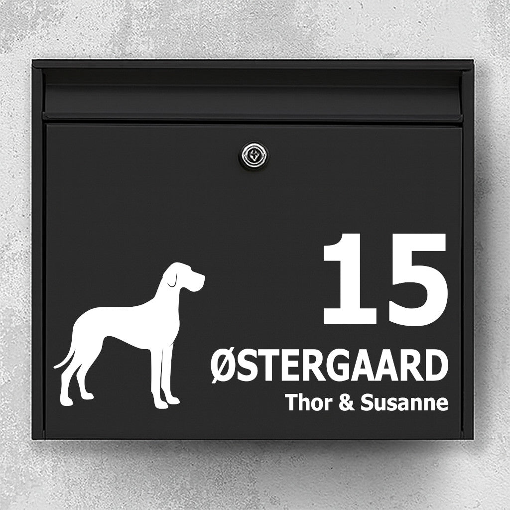 Mailbox sticker with Great Dane in silhouette - personalized text for name and house number - weatherproof vinyl