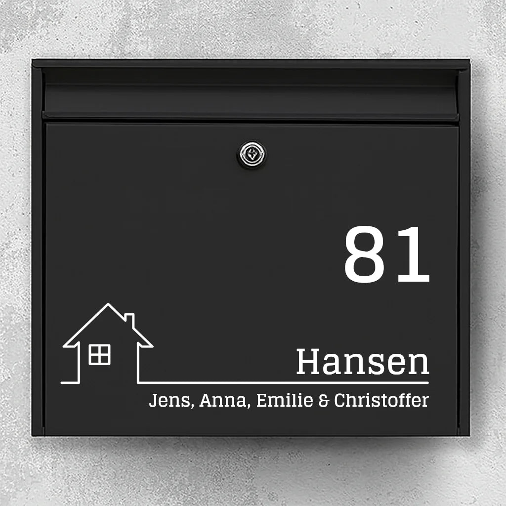 Mailbox sticker – house icon, large house number & family name