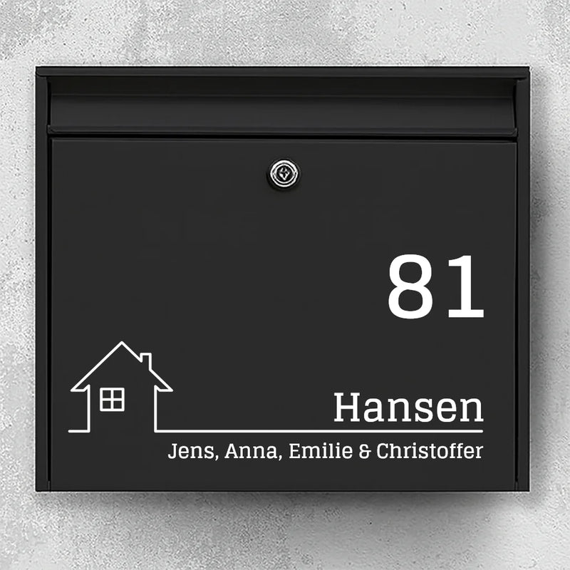 Mailbox sticker – house icon, large house number & family name