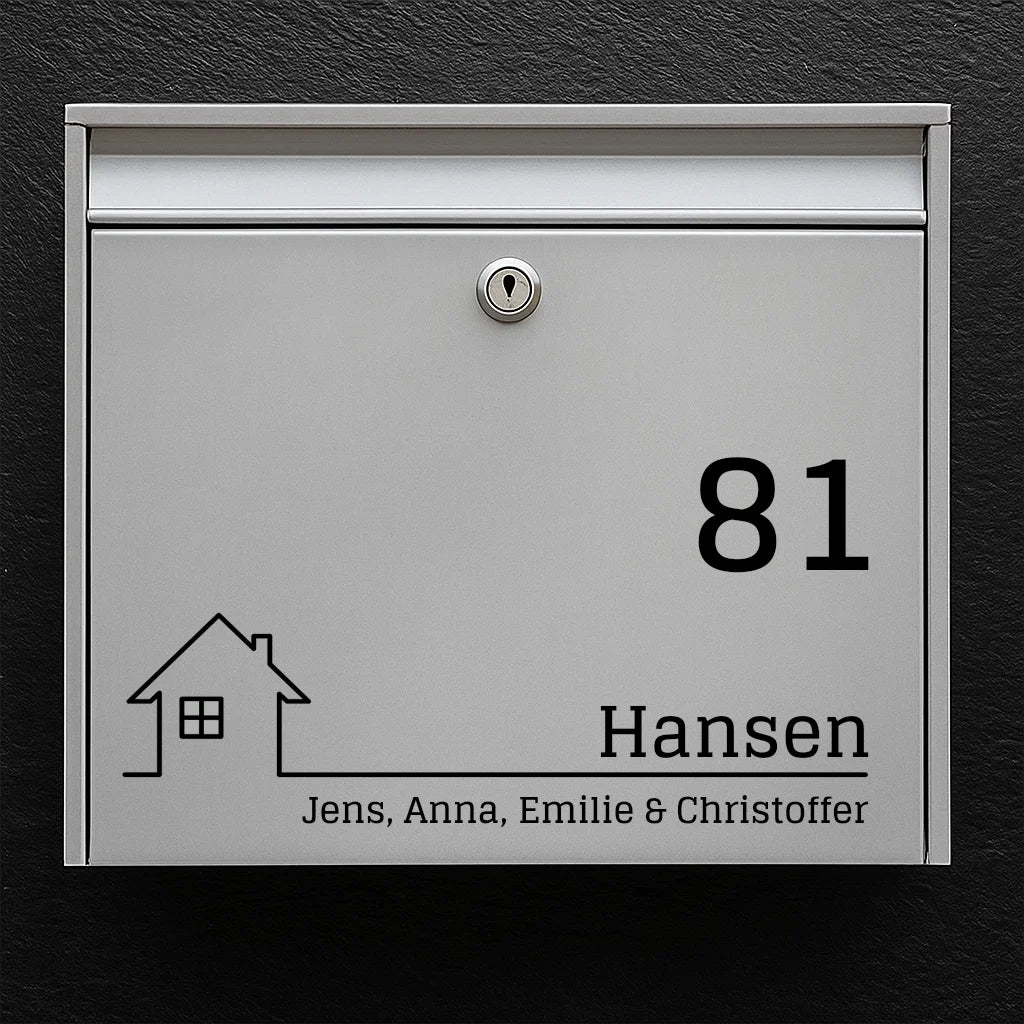 Mailbox sticker – house icon, large house number & family name