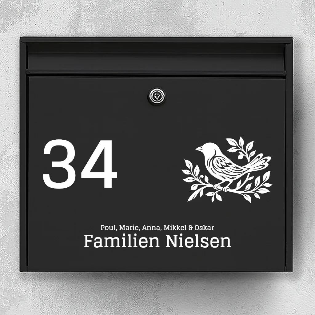 Mailbox sticker – bird icon with house number, family name & first names