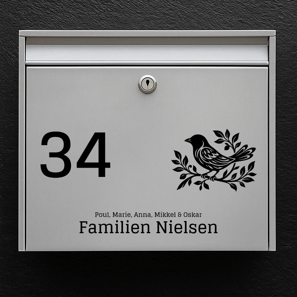 Mailbox sticker – bird icon with house number, family name & first names