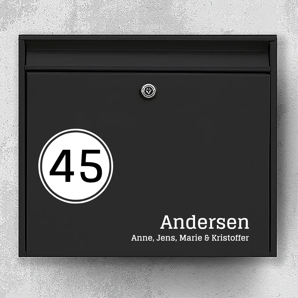 Mailbox sticker – left house number badge with last name & first names