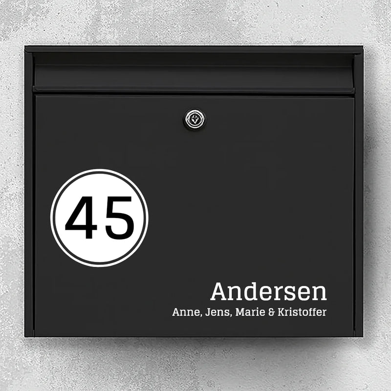Mailbox sticker – left house number badge with last name & first names