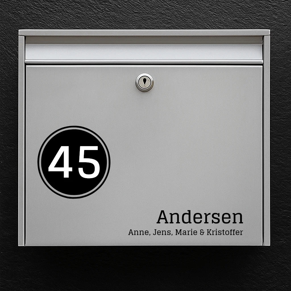 Mailbox sticker – left house number badge with last name & first names