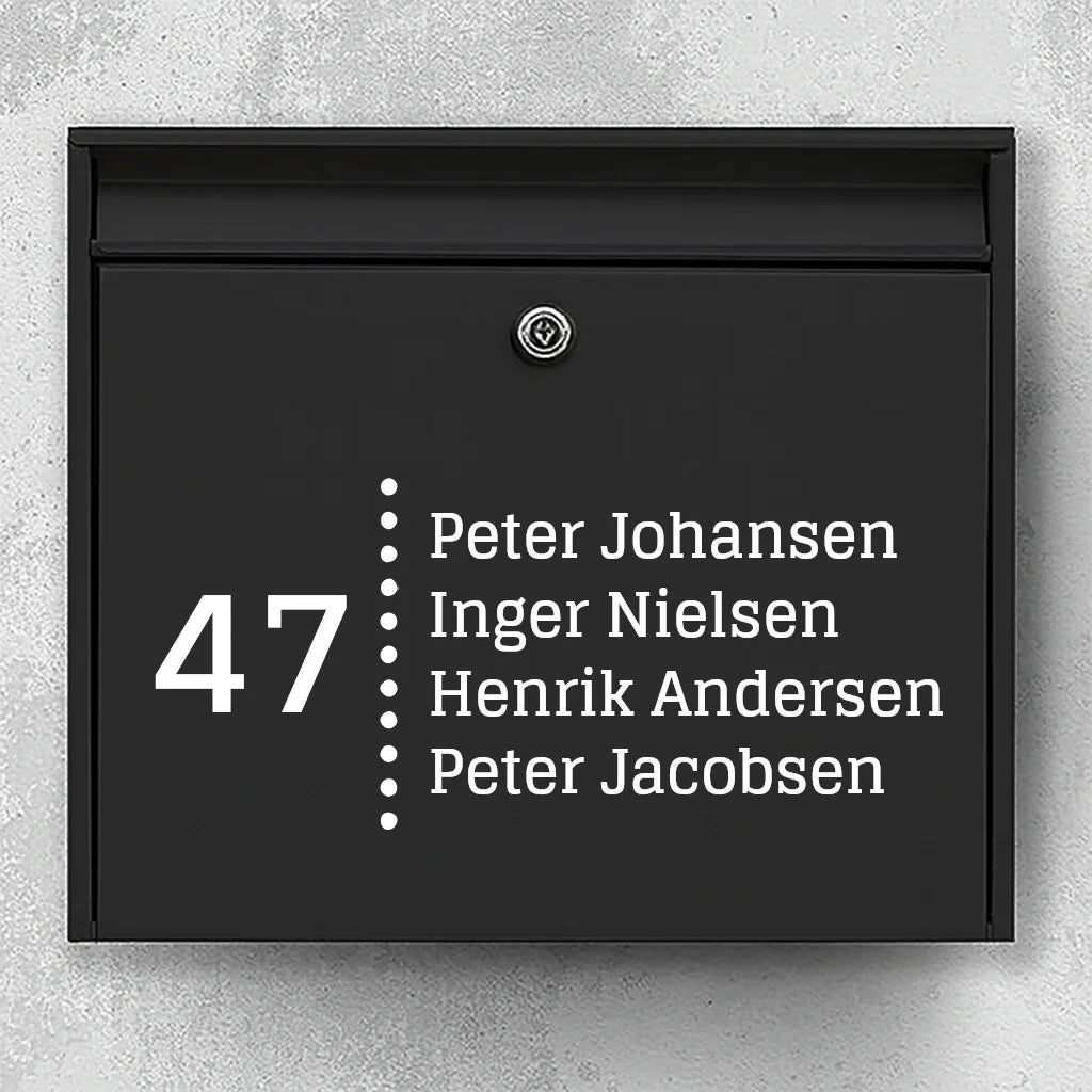 Mailbox sticker - house number with dotted dividing line & list of names