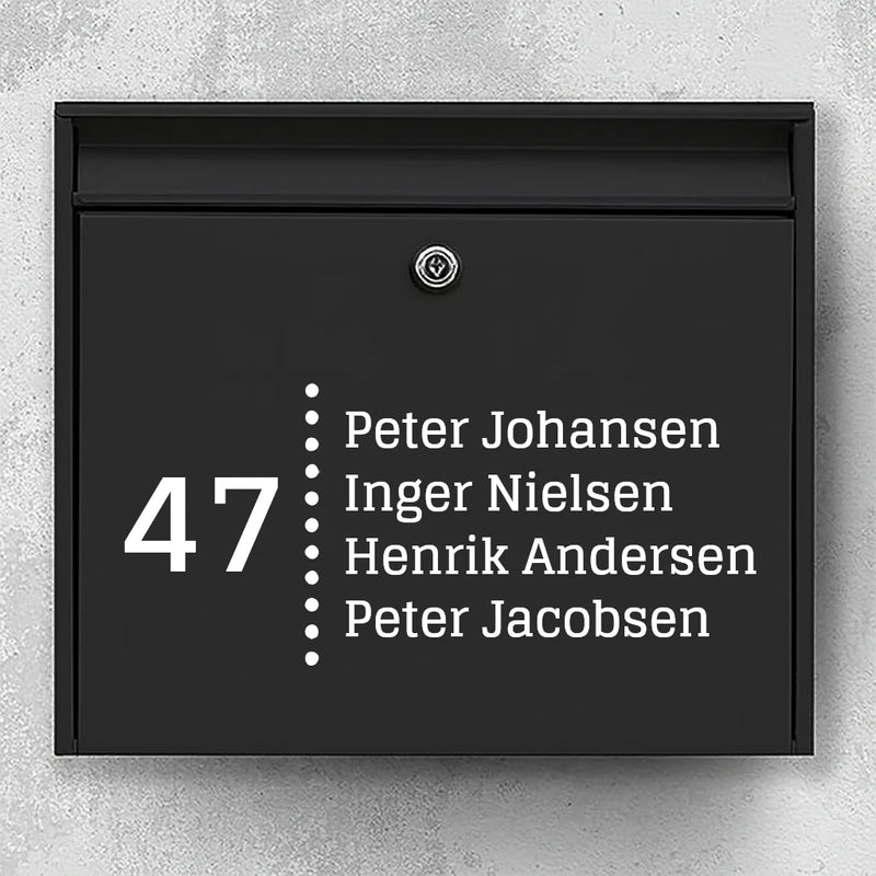 Mailbox sticker - house number with dotted dividing line & list of names