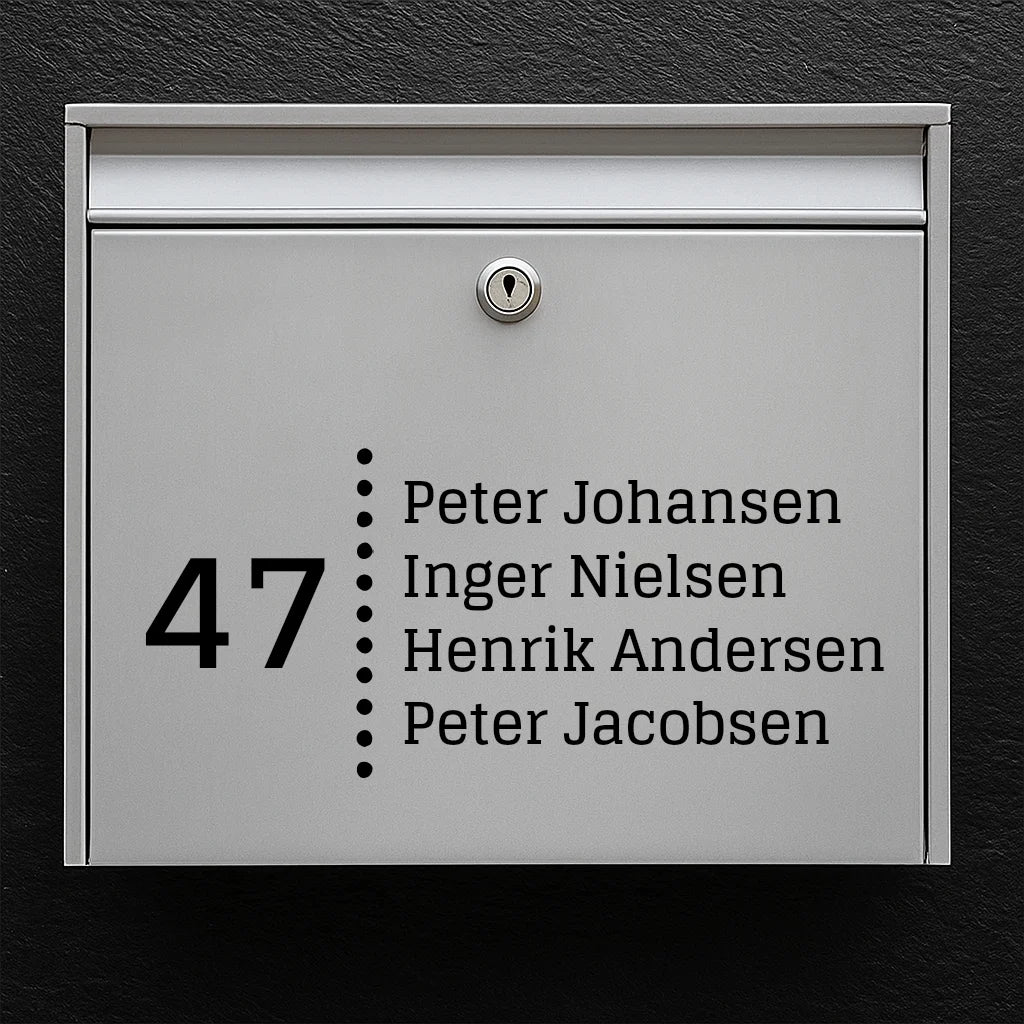 Mailbox sticker - house number with dotted dividing line & list of names